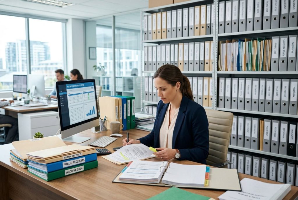 A person reviewing documents at a desk surrounded by organized folders and shelves filled with files in an office.