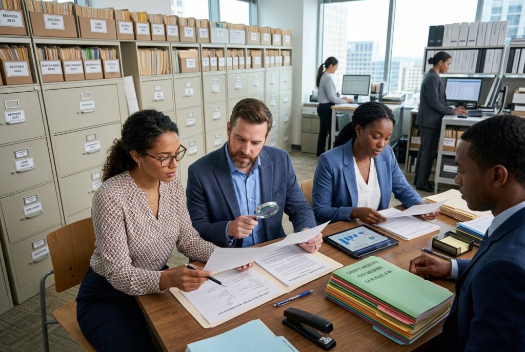 People in an office reviewing documents and files related to public records.