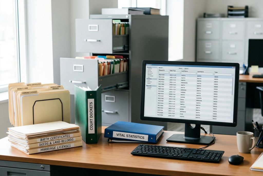 An office desk with stacked folders and a computer showing a database, with a filing cabinet in the background.